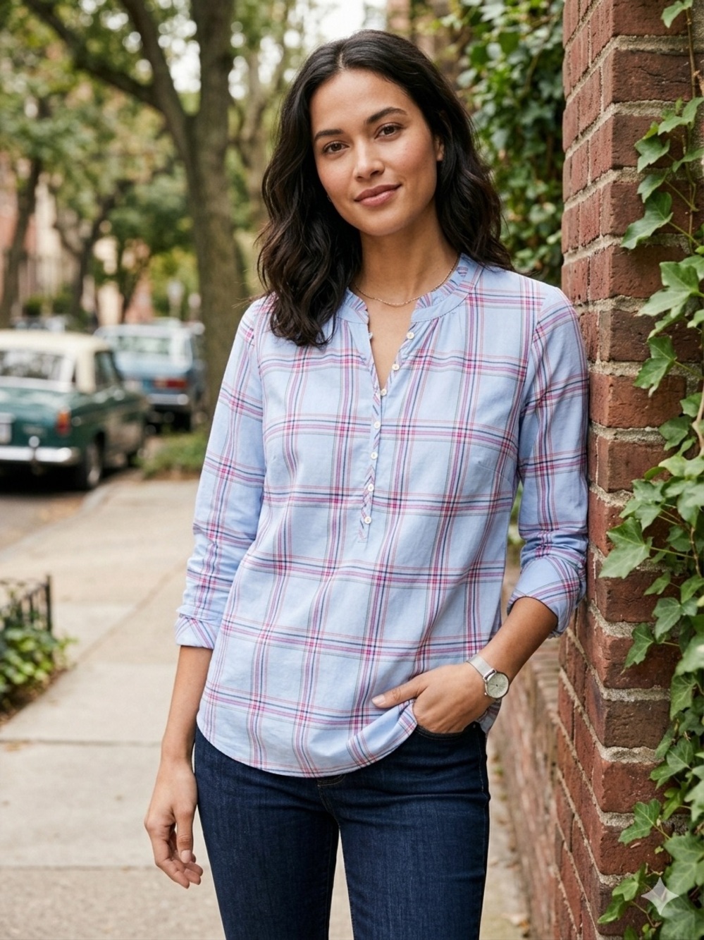 Talbots Light Blue Plaid Button-Front Ruffle Henley - Picture 2 of 3